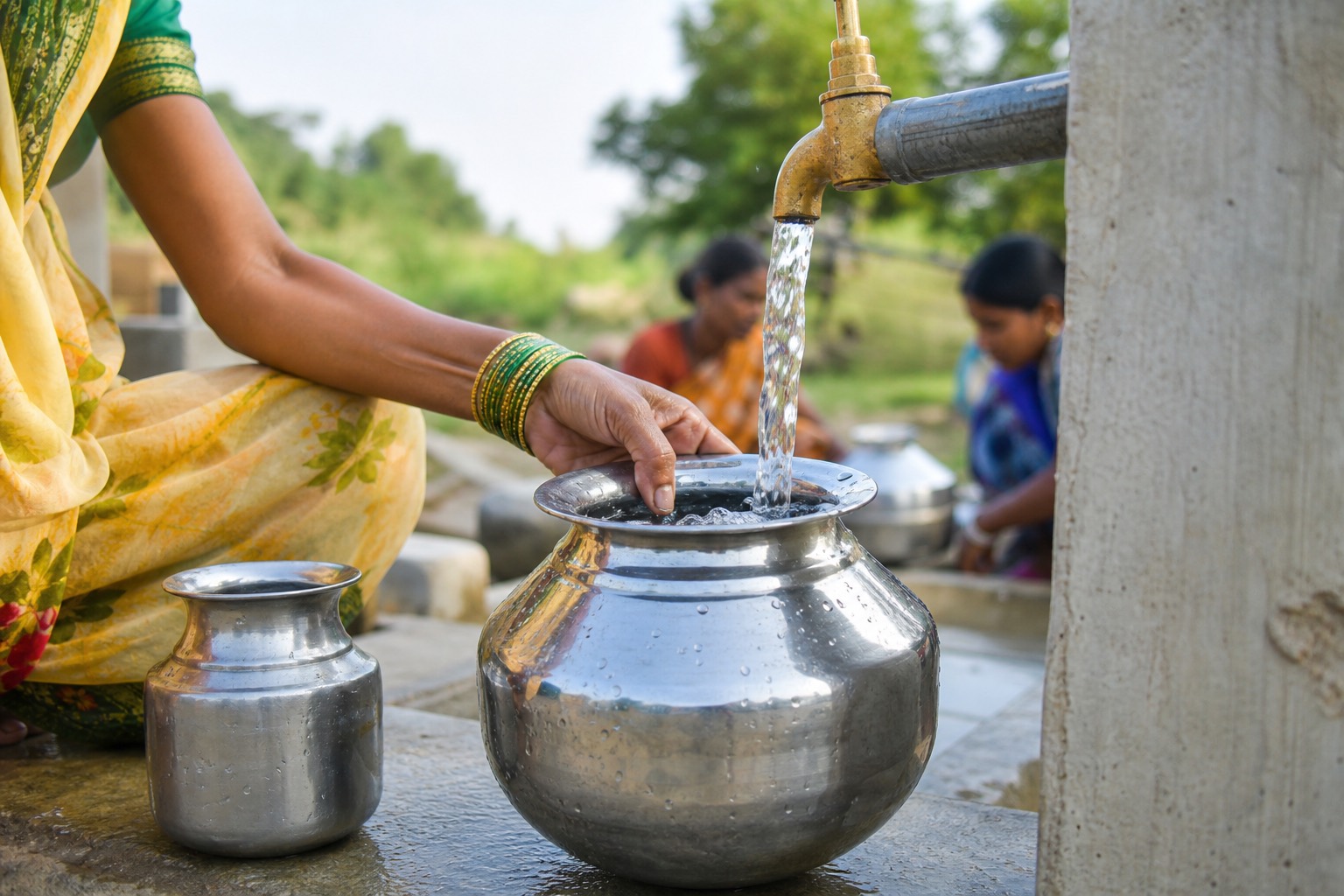 Illustrative editorial photo of clean water being collected from a community tap