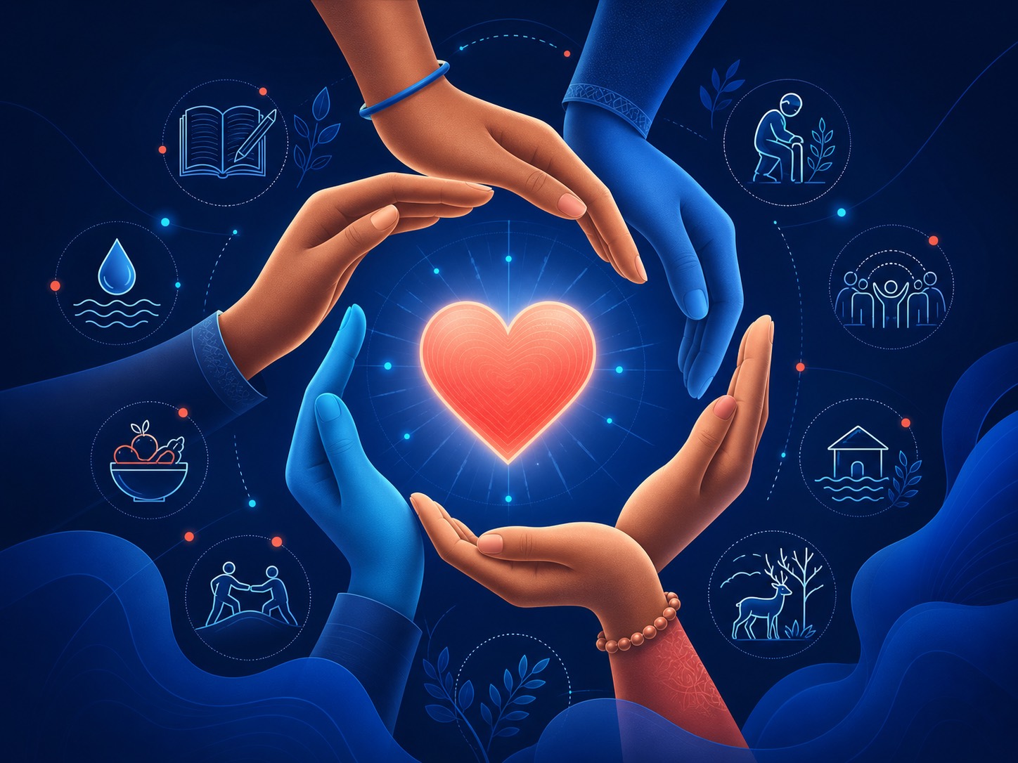 Hands surrounding a heart with symbols for community causes