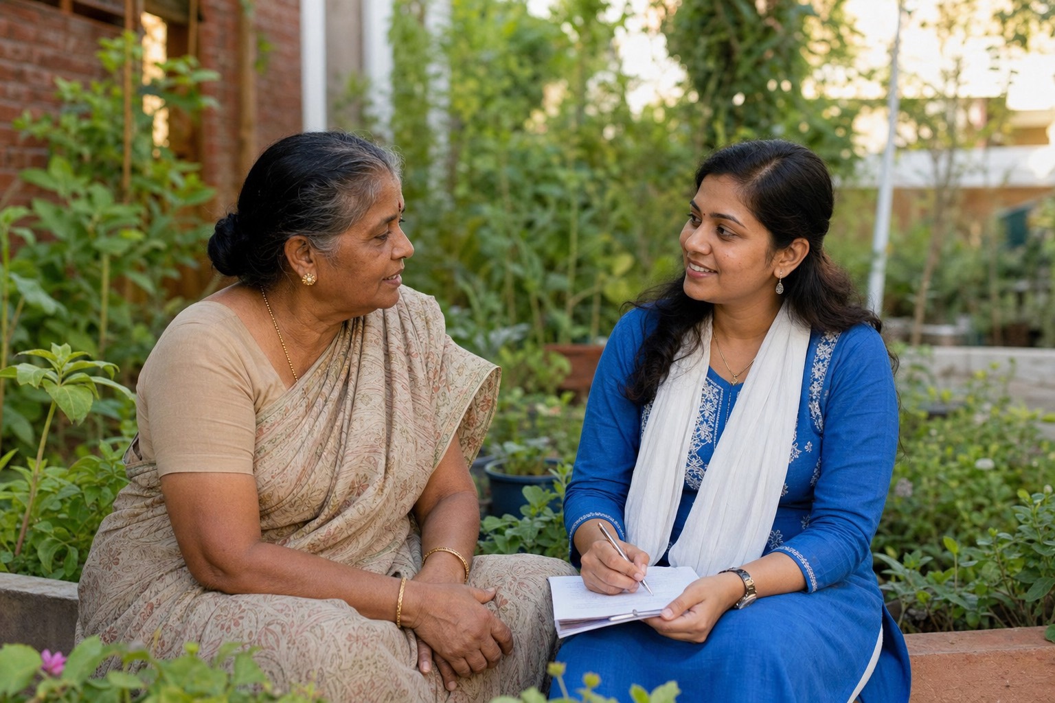 Illustrative editorial photo of an older adult speaking with a community volunteer