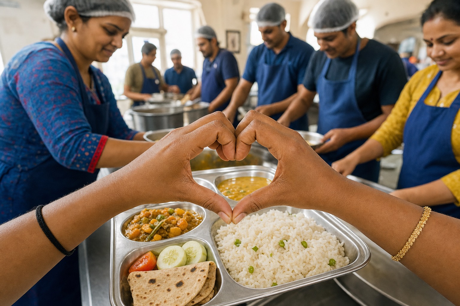 Illustrative editorial photo of volunteers preparing nutritious meals with care