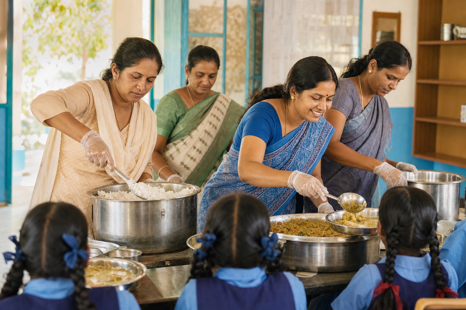 Illustrative editorial photo of volunteers serving a community meal