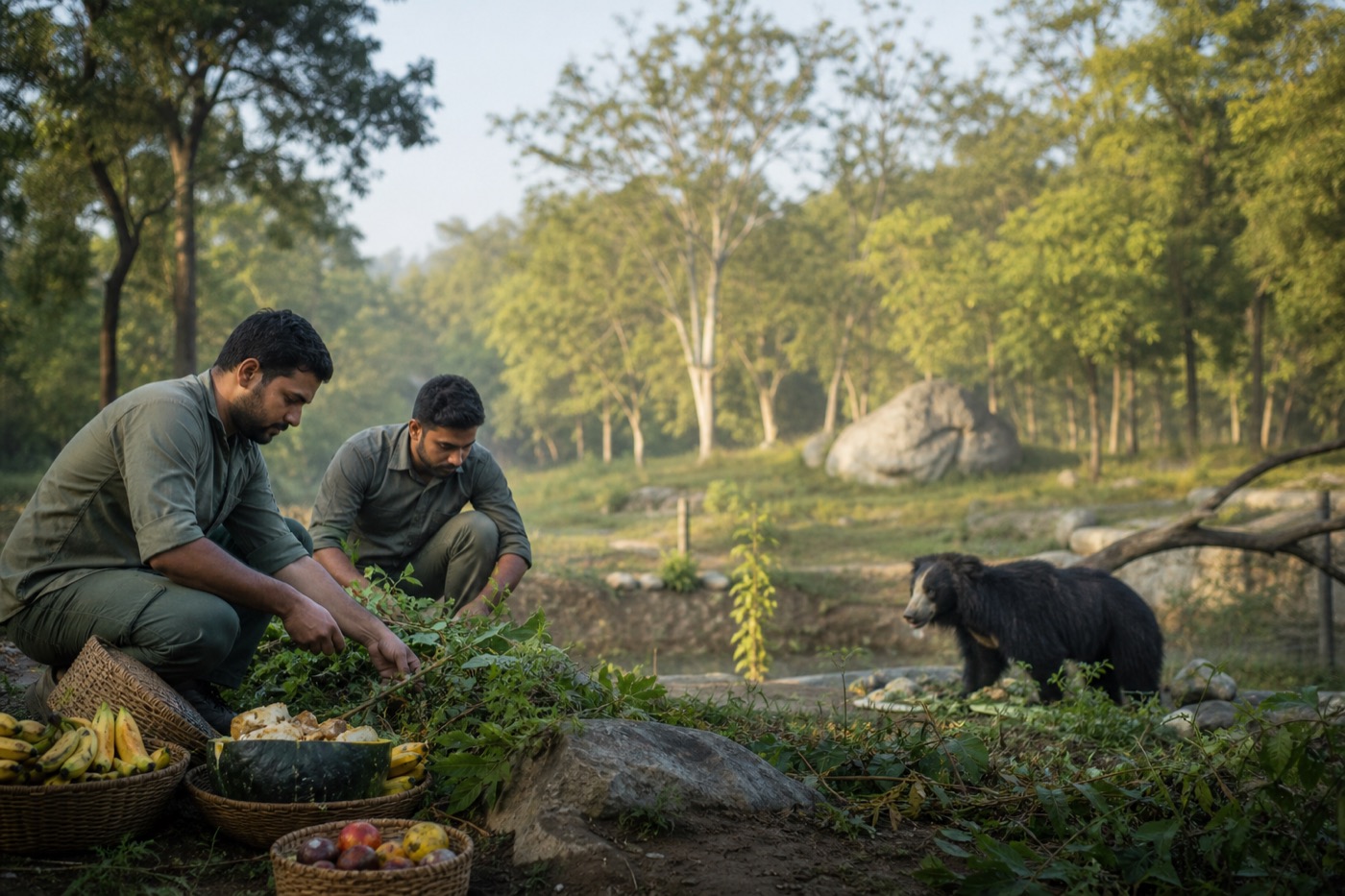 Editorial illustration of a wildlife care team supporting rescued animals in India