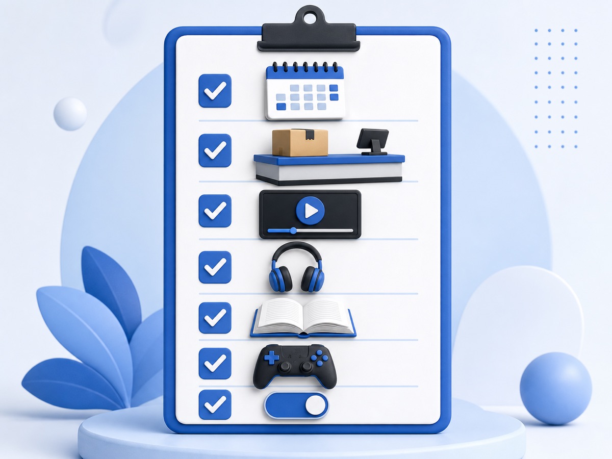 Annual membership value checklist showing calendar, delivery, video, music, reading, gaming and renewal checks