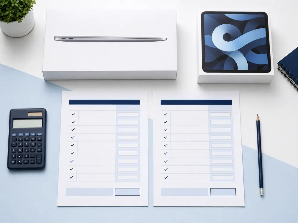 Two blank final-price worksheets beside unbranded laptop and tablet boxes