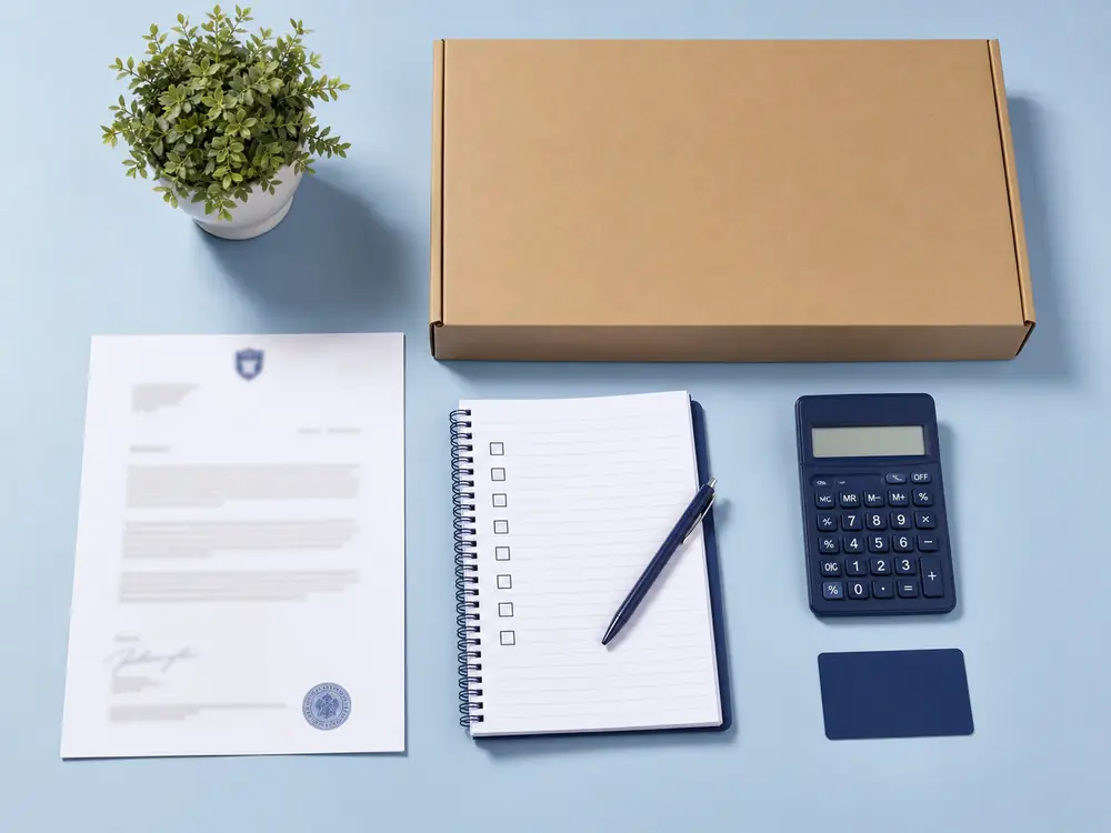 Education purchase proof, blank checklist and unbranded device box arranged on a blue desk