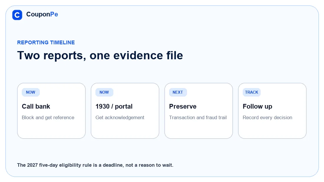 Timeline from fraud discovery to bank and cybercrime reports, evidence preservation and complaint tracking