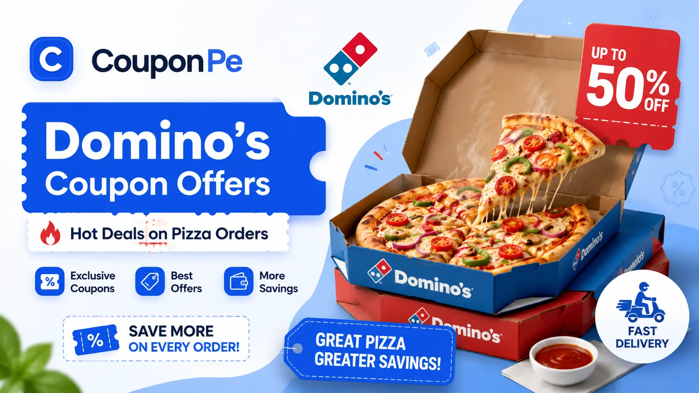 Domino's pizza box and CouponPe offer guide visual