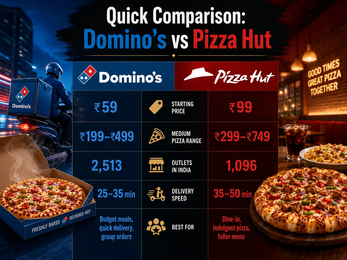 Domino's and Pizza Hut quick comparison with price, reach and delivery data
