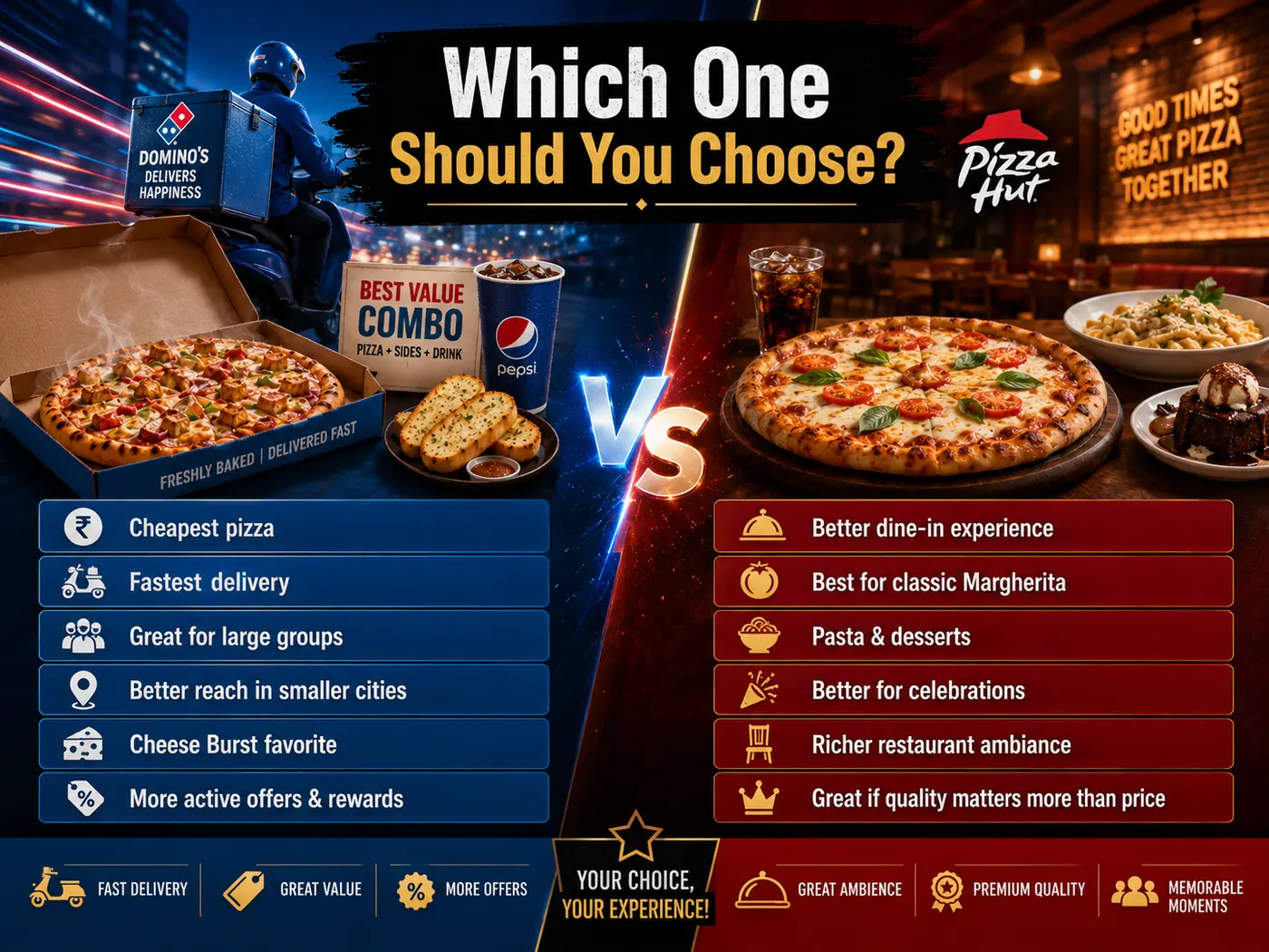 Decision guide showing when to choose Domino's and when to choose Pizza Hut