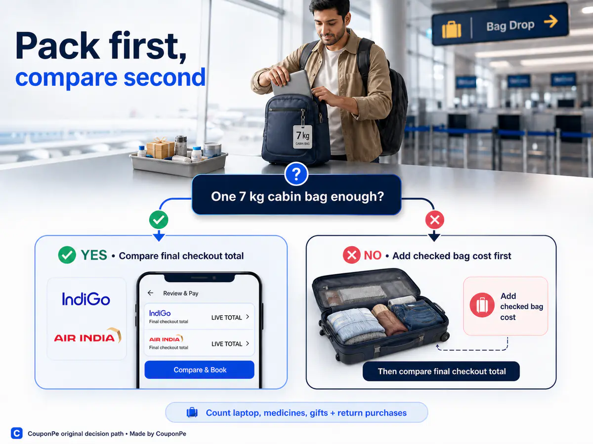 Baggage decision path from cabin-only travel to checked-bag fare comparison
