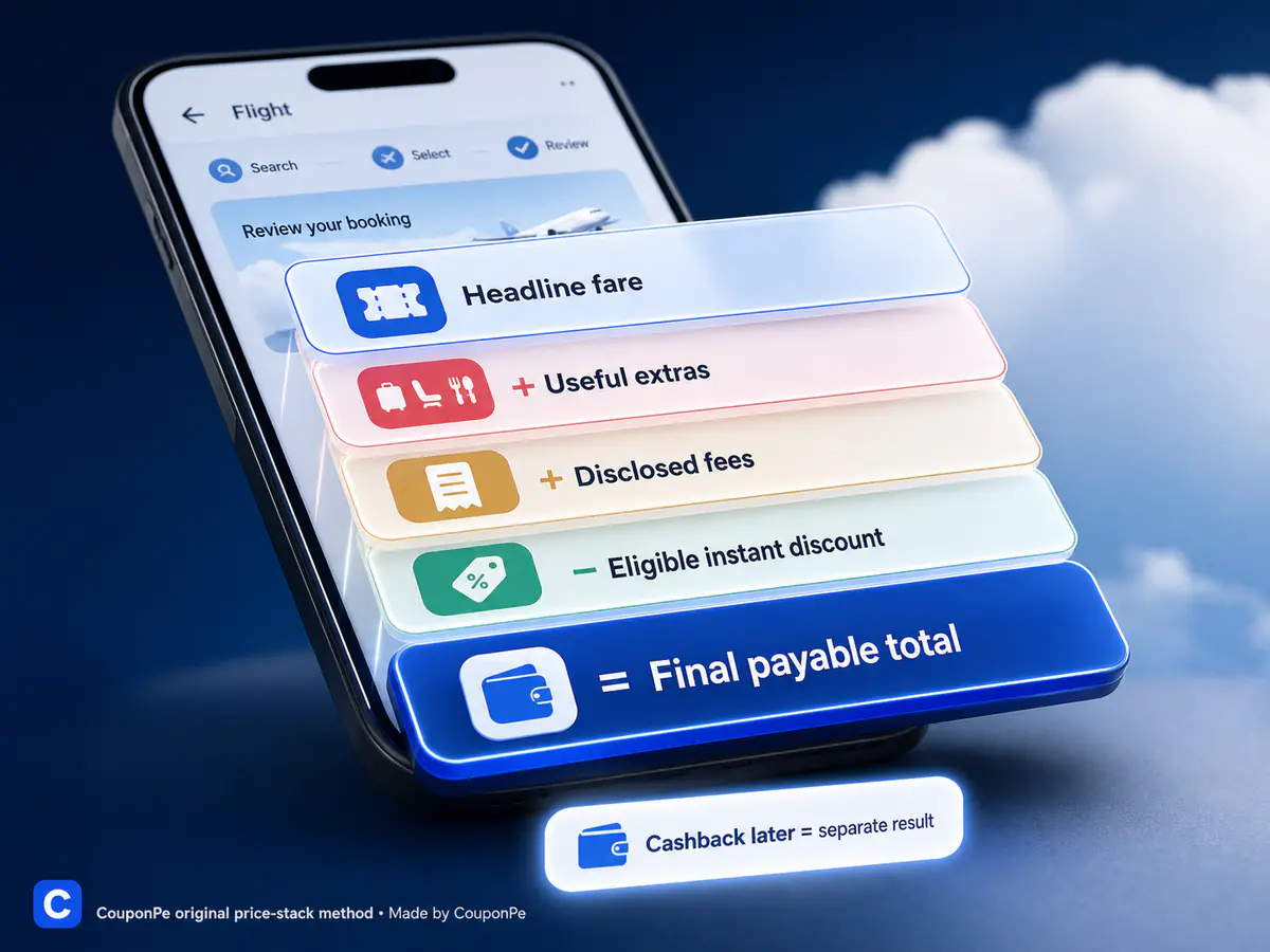 Final flight price stack showing base fare, useful add-ons, disclosed fees and eligible instant discount