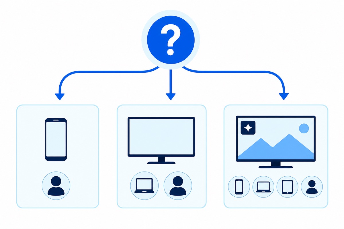 Three-path decision map for one mobile device, two-device TV use and four-device premium use