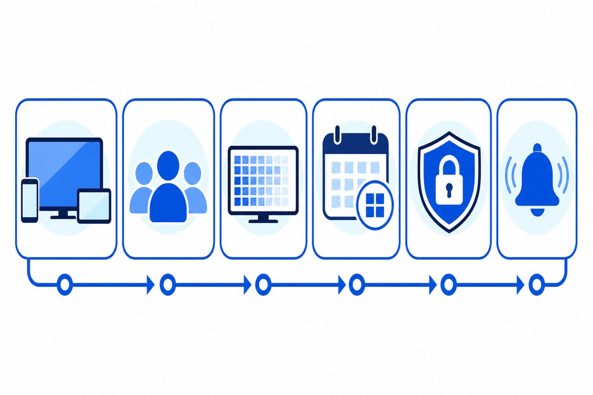 Six-part subscription check covering devices, viewers, picture needs, billing period, official payment and renewal