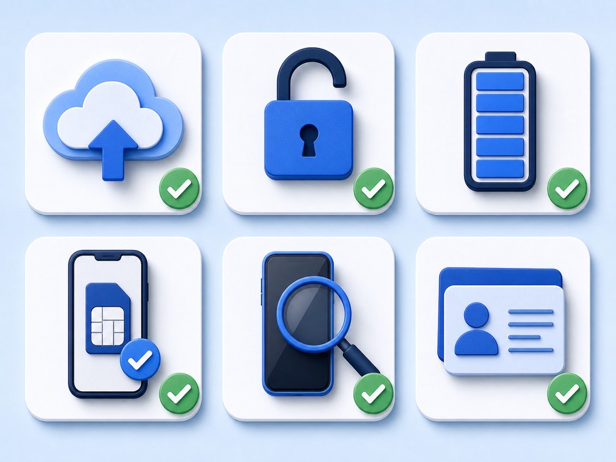 Six-part doorstep preparation checklist covering backup, account lock, battery, device identity, condition inspection and ownership proof