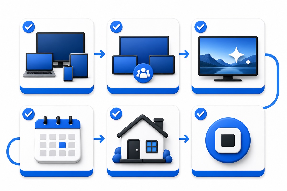 Six-step subscription checklist covering devices, simultaneous viewing, picture quality, billing date, household and cancellation