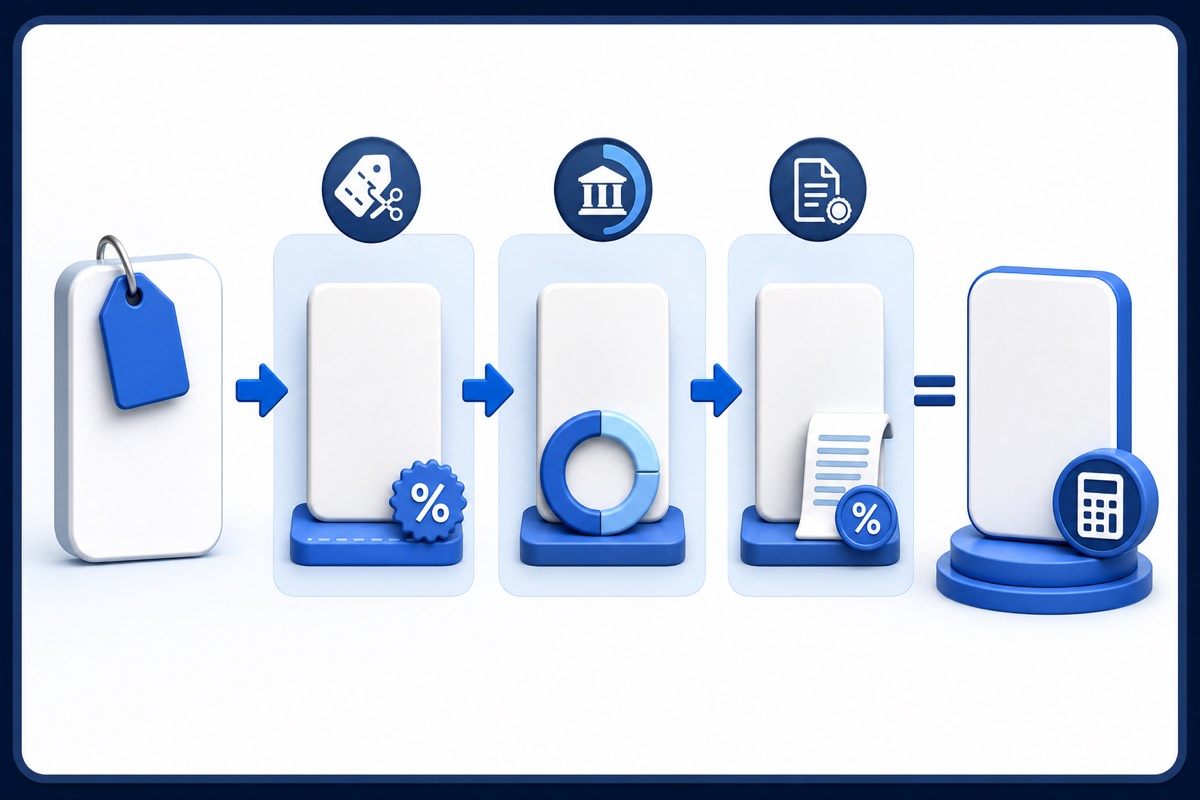 Visual flow showing product price, merchant benefit, bank interest, fees and final total