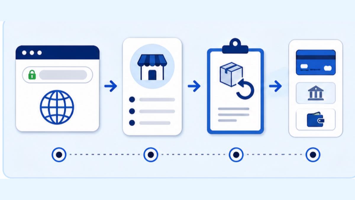 A safe buying path checks the web address, seller, policy and payment in sequence