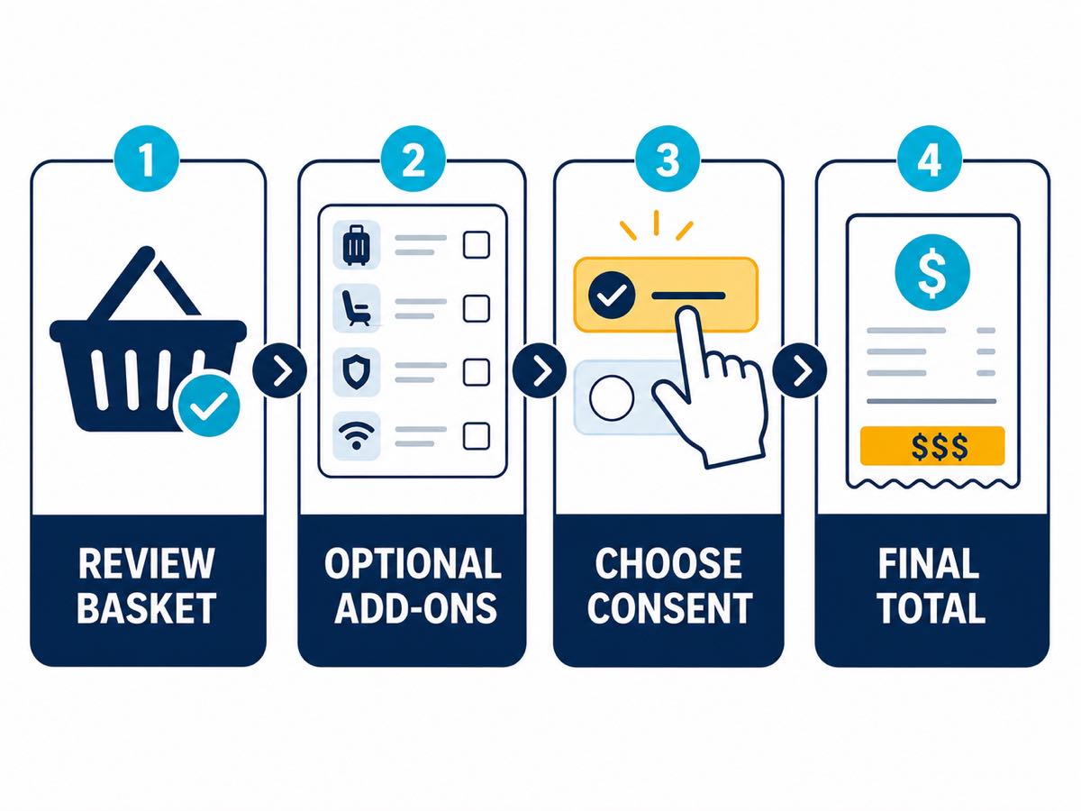 Warning signs around a checkout include hidden add-ons, urgency and unclear consent