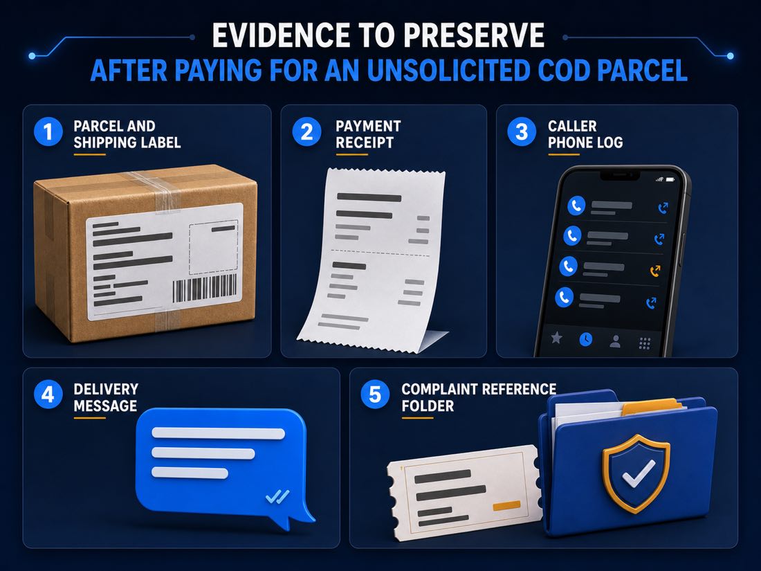 Evidence checklist showing the parcel label, payment receipt, caller log, delivery message and complaint reference