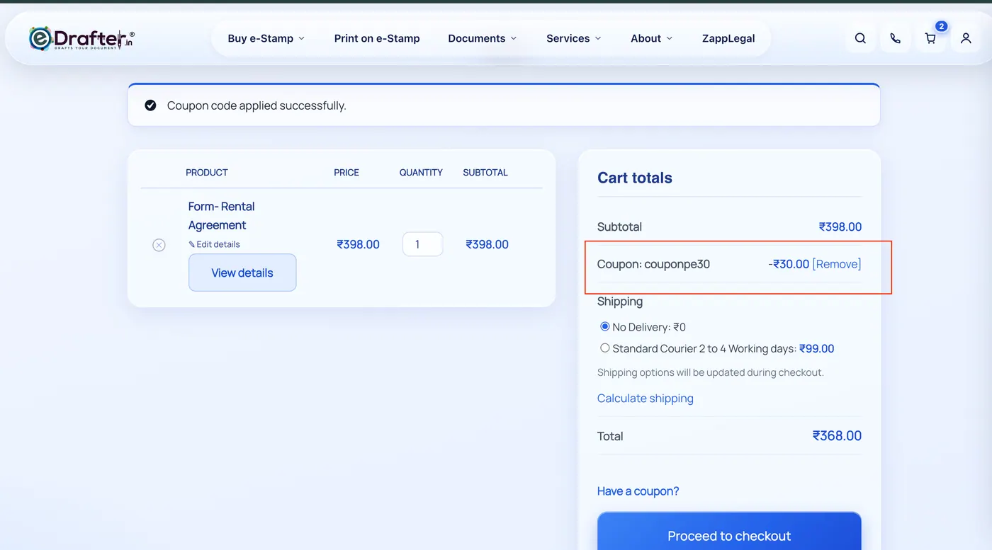 eDrafter screenshot showing COUPONPE30 coupon code for Rent Agreement, Affidavit and Name Change services