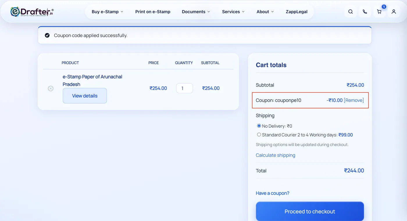 eDrafter screenshot showing exclusive COUPONPE10 coupon code for e-Stamp Paper orders